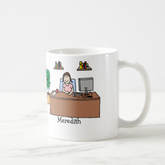 Woman in office coffee mug