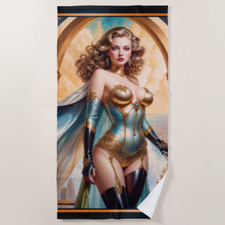 Woman In Opulent Gold Turquoise Attire by Xzendor7 Beach Towel