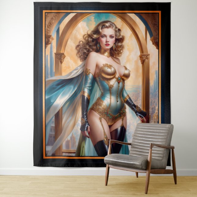 Woman In Opulent Gold Turquoise Attire by Xzendor7 Tapestry (In Situ)