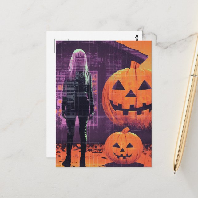 Woman in Orange Purple Halloween Postcard (Front/Back In Situ)