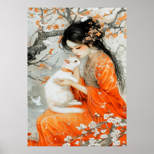Woman in Orange with White Cat Poster (Front)