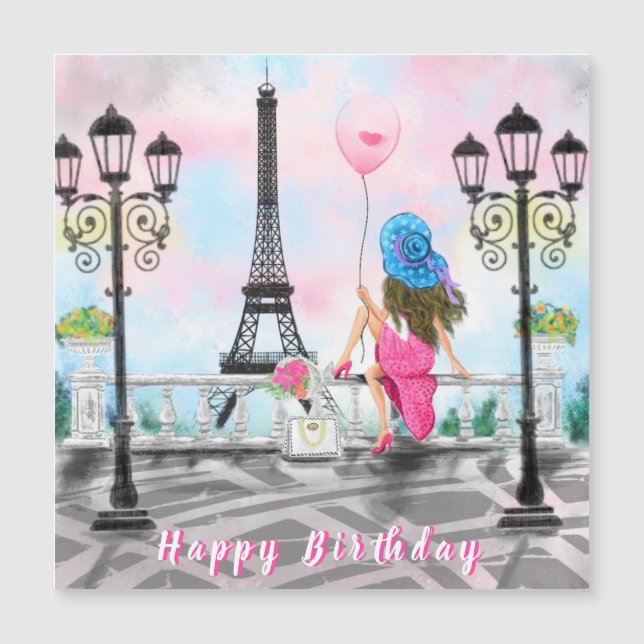 Woman In Paris Birthday Card Magnet Eiffel Tower (Front)