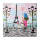 Woman In Paris Ceramic Tile Eiffel Tower<br><div class="desc">Pretty Woman and Pink Heart Balloon - I Love Paris - Eiffel Tower Romantic Drawing - Choose / Add Your Unique Text / Font / Colour - Make Your Special Decorative Tiles / Gift - Resize and move or remove and add elements - Image / text with customisation tool !...</div>