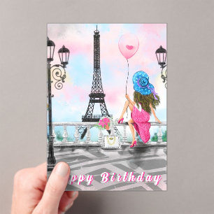 Woman In Paris Eiffel Tower Acrylic Birthday Card Invitations
