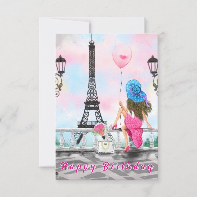 Woman In Paris Eiffel Tower Birthday Card (Front)