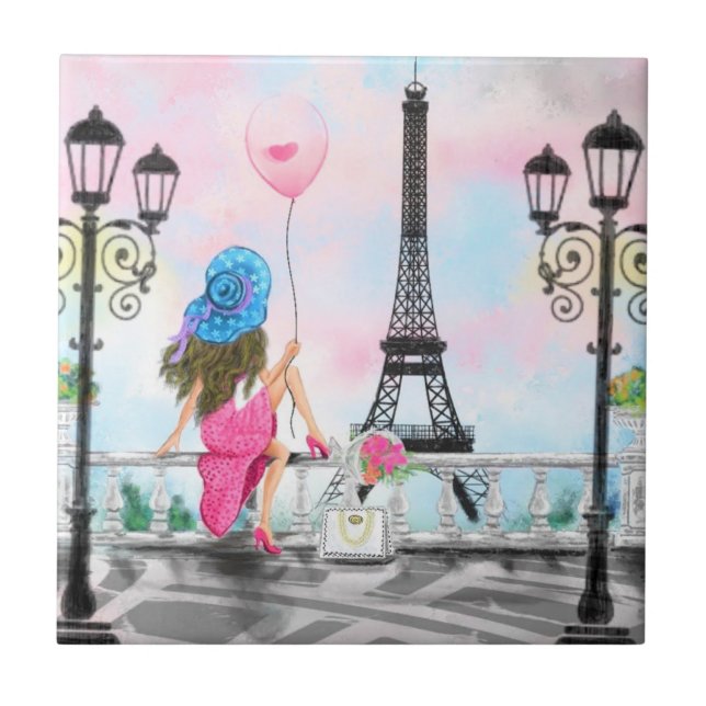 Woman In Paris Eiffel Tower Ceramic Tile Gift (Front)