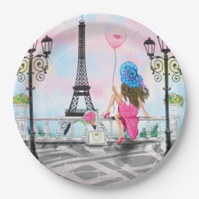 Woman In Paris Paper Plates - Eiffel Tower (Front)