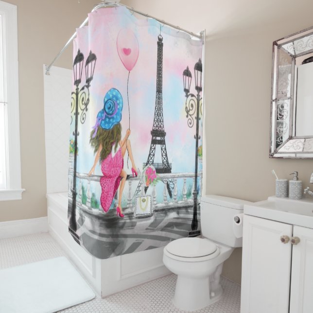 Woman In Paris Shower Curtain with Eiffel Tower (In Situ)