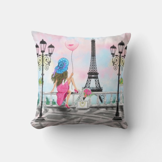 Woman In Paris Throw Pillow with Eiffel Tower (Front)
