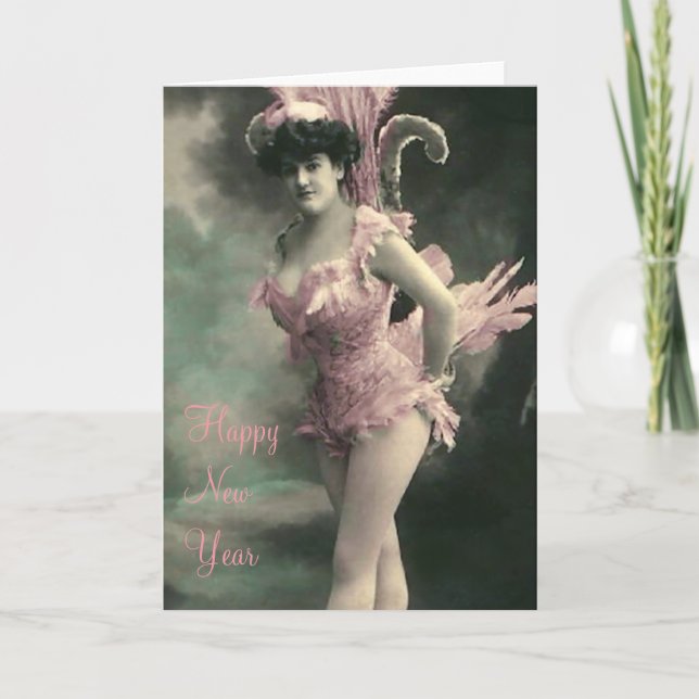 Woman in Pink Bird Costume New Year Holiday Card (Front)