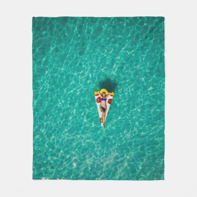 Woman in pizza float fleece blanket (Front)