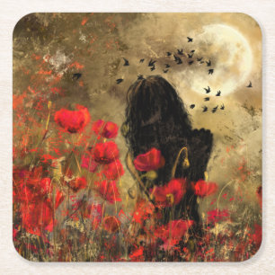 Woman In Poppy Field - Original Painting Art Square Paper Coaster