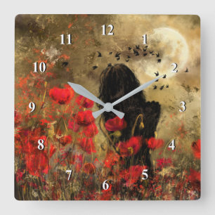 Woman In Poppy Field Original Painting Wall Clock