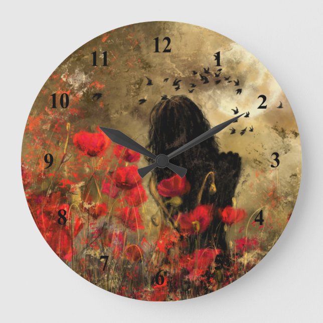 Woman In Poppy Field Wall Clock - Painting Art (Front)