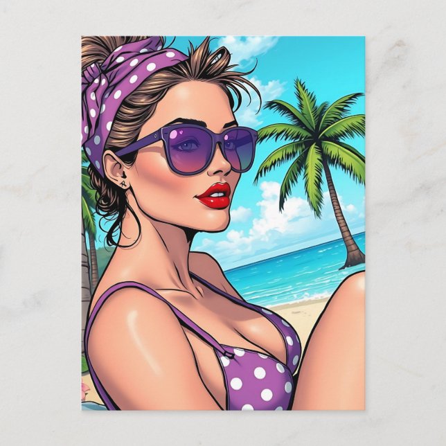 Woman in Purple Polka Dot Bikini on Beach  Postcard (Front)