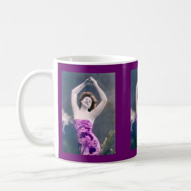 woman in purple sarong , arms raised as if dancing coffee mug (Left)