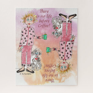 Woman in pyjamas needs her coffee coloured drawing jigsaw puzzle