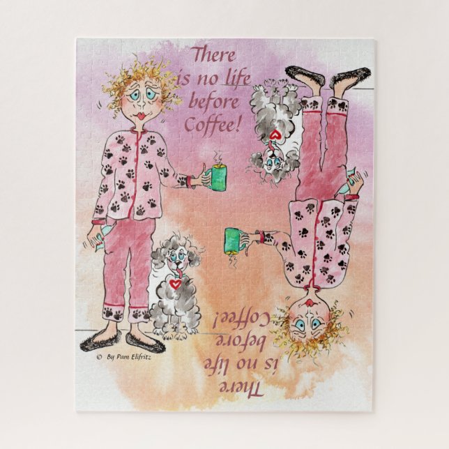 Woman in pyjamas needs her coffee coloured drawing jigsaw puzzle (Vertical)
