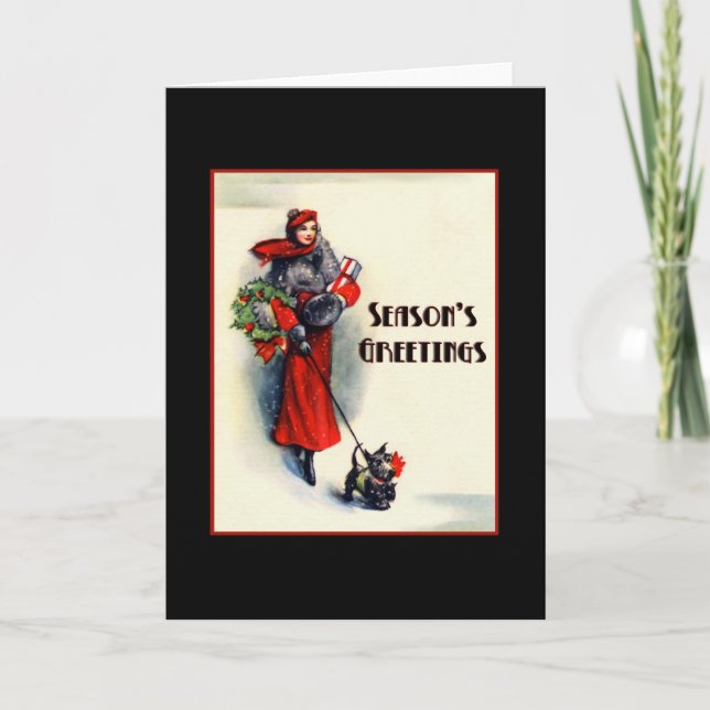 Woman in red coat shopping w Scottish Terrier  Holiday Card (Front)