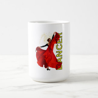 Woman in red dress dancing coffee mug