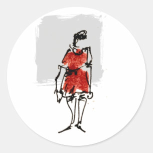 Woman in Red Dress Loose Ink Sketch Classic Round Sticker