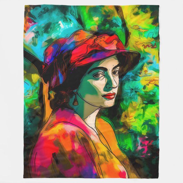 Woman in Red Hat Fleece Blanket (Front)