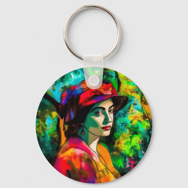 Woman in Red Hat Key Ring (Front)