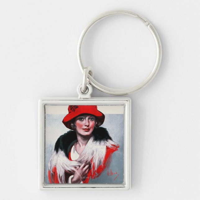 Woman in Red Hat Key Ring (Front)
