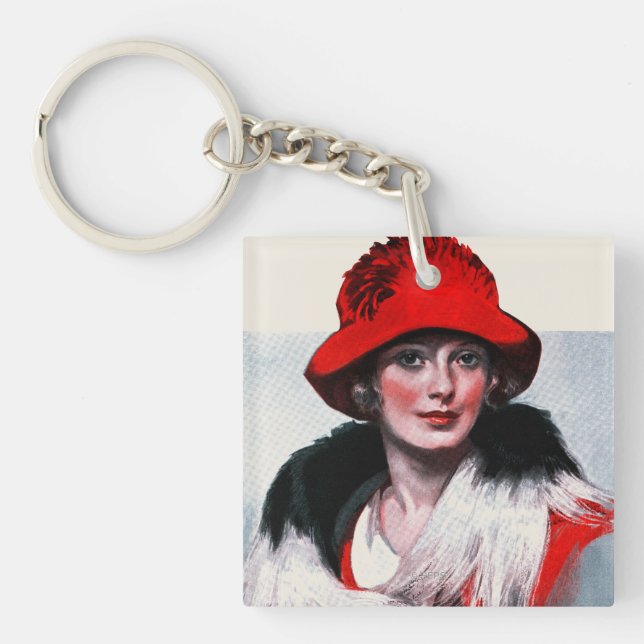 Woman in Red Hat Key Ring (Front)