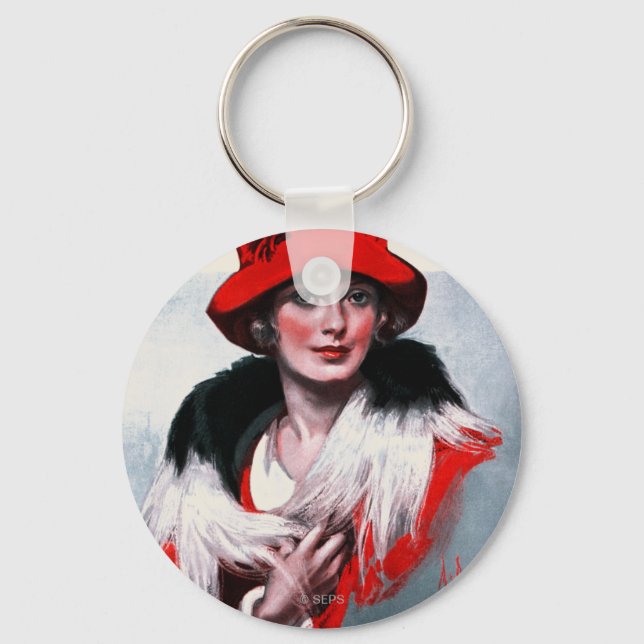 Woman in Red Hat Key Ring (Front)