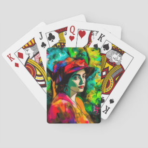 Woman in Red Hat Playing Cards