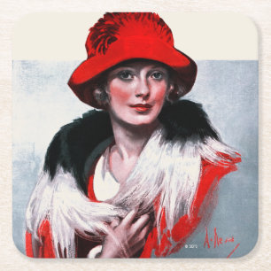 Woman in Red Hat Square Paper Coaster