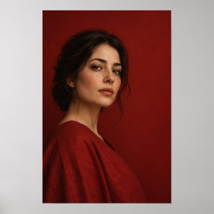 Woman in Red Portrait Against Crimson Background W Poster