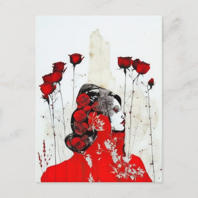 Woman in Red with Red Roses Postcard (Front)