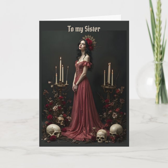 Woman in Red with Skulls Sister Birthday Card (Front)