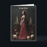 Woman in Red with Skulls Sister Birthday Card<br><div class="desc">A woman in a red dress stands among skulls,  with candles on either side,  on this beautful,  Gothic birthday card for a sister.</div>