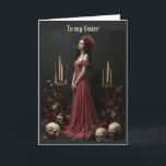 Woman in Red with Skulls Sister Birthday Card<br><div class="desc">A woman in a red dress stands among skulls,  with candles on either side,  on this beautful,  Gothic birthday card for a sister.</div>