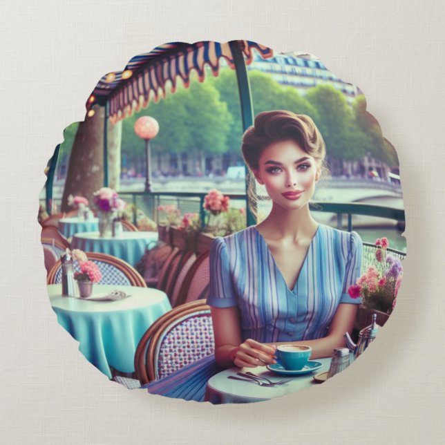 Woman in restaurant round cushion (Front)