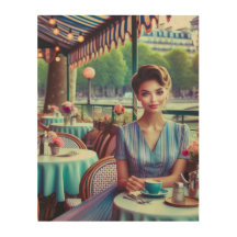 Woman in restaurant Wood Wall Art