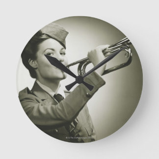 Woman in Soldier Uniform Round Clock