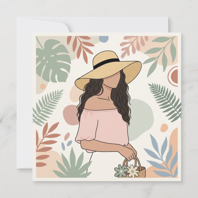 Woman in Straw Hat with Flowers Invitation (Front)