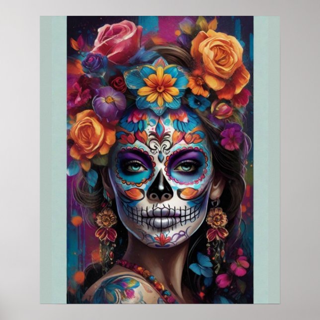 Woman in Stunning Sugar Skull Makeup Poster (Front)