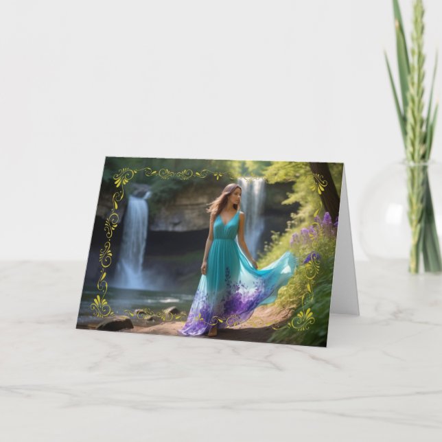 Woman in Teal Dress at Waterfall Birthday Card (Front)