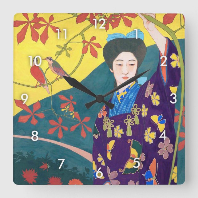 Woman in the Flower Garden, Goyō Hashiguchi Square Wall Clock (Front)