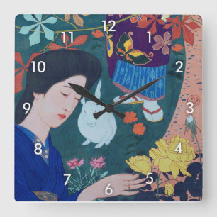 Woman in the Flower Garden, Goyō Hashiguchi Square Wall Clock