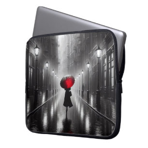 Woman In The Rain With Red Umbrella Laptop Sleeve