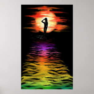 Woman in the Sea Sunset Poster - Painting Art