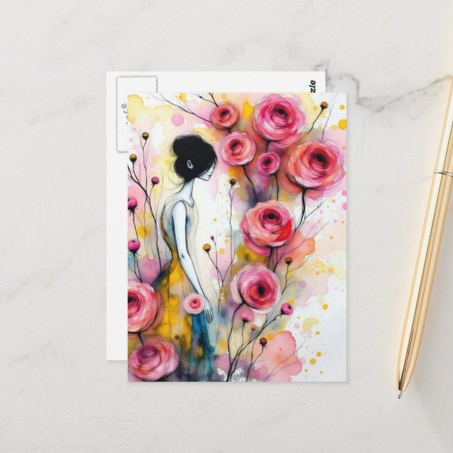 Woman In the Secrect Garden Pink Flowers Postcard (Front/Back In Situ)