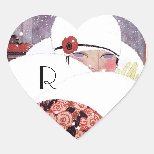 WOMAN IN THE SNOW,WINTER BEAUTY FASHION MONOGRAM HEART STICKER (Front)