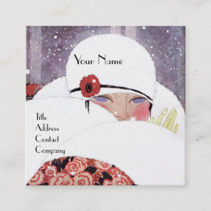 WOMAN IN THE SNOW,WINTER BEAUTY FASHION MONOGRAM SQUARE BUSINESS CARD